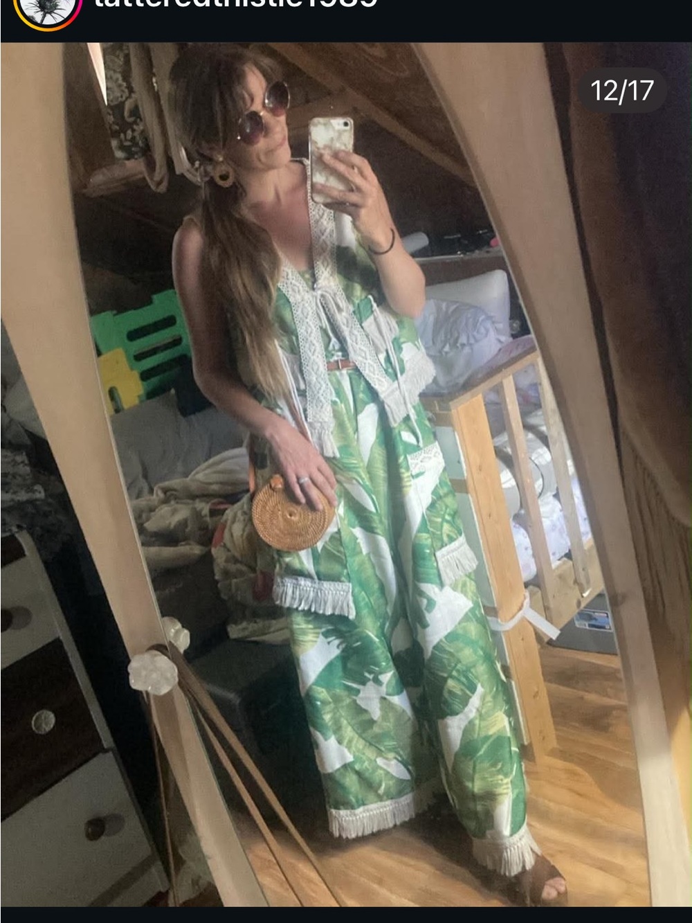 Wide-Leg Palm Print Jumpsuit with Fringe